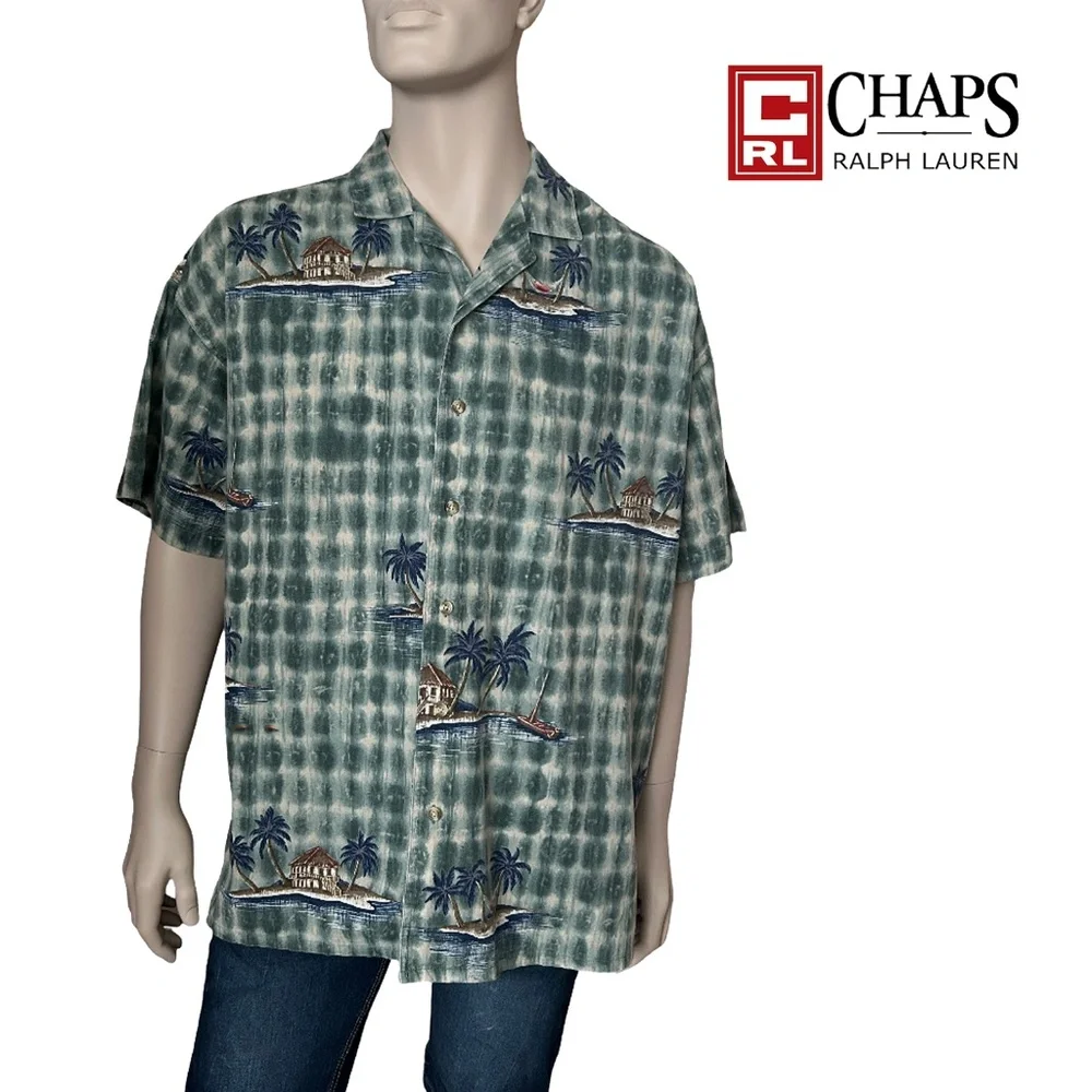 Chaps Ralph Lauren Hawaiian Shirt Tiki Aloha Print Cotton Linen Island Print - Picture 13 of 16
